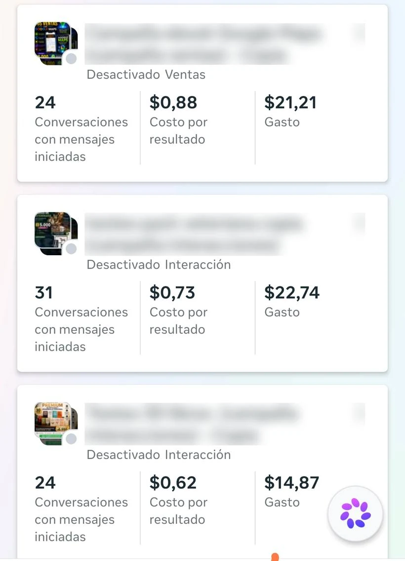 Captura de Meta Ads con nombres difuminados